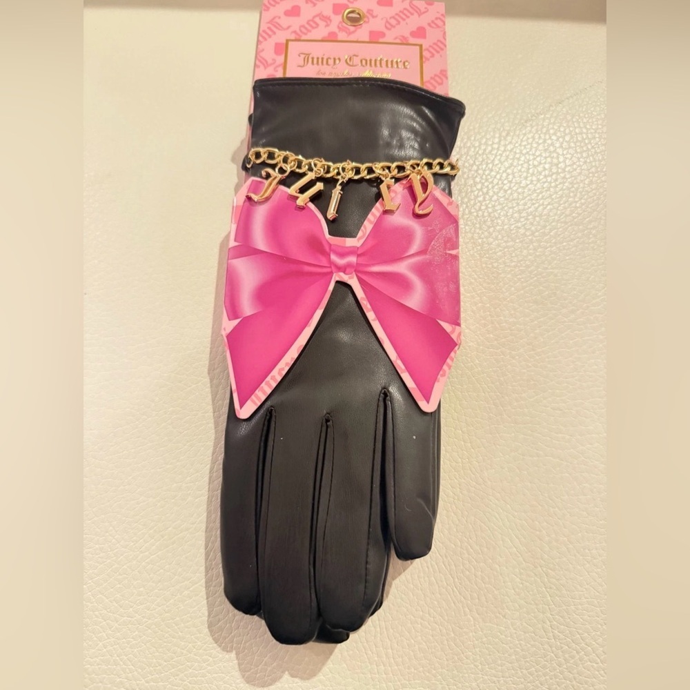 Juicy Couture Black Gloves with Pink Bow & Gold Charm Chain